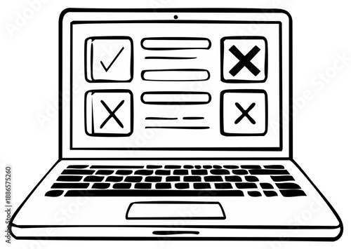 Doodle style laptop screen displaying a survey or questionnaire with selection boxes.