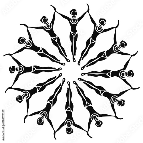 Synchronized swimmers form a circular pattern of artistic aquatic movements in a stylized black and white illustration