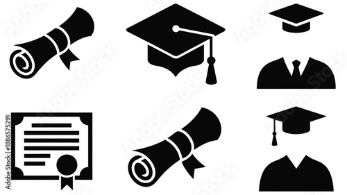 Black of graduation caps and diplomas white scroll certificate