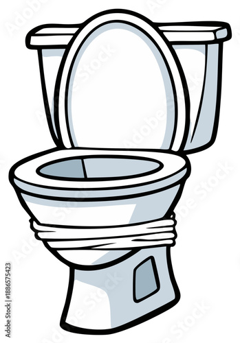 Cartoon toilet with toilet paper wrapped around the base for a humorous illustration