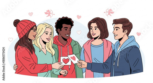 Diverse group of young friends sharing valentine's day cards with hearts