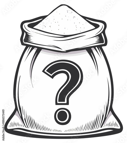 Open Sack Filled with Unknown Substance Marked with Question Mark
