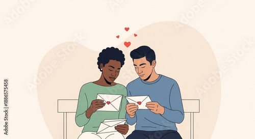 Loving couple sharing romantic letters on a heartfelt moment