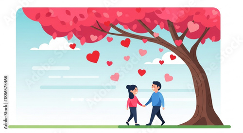 Loving couple holding hands under pink heart tree on valentine's day