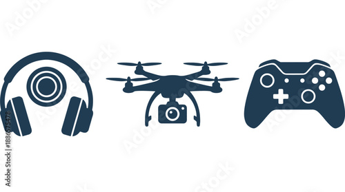 Dark blue of headphones drone and game controller white