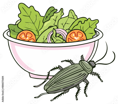 Cartoon illustration of a cockroach pest near a salad bowl representing poor hygiene and food safety risk.