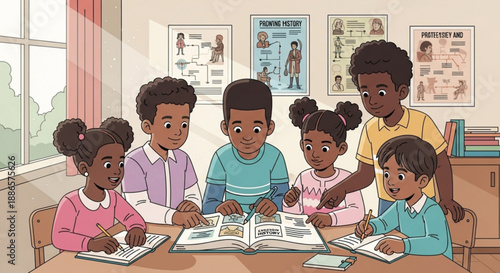 Diverse group of children learning with teacher in classroom setting