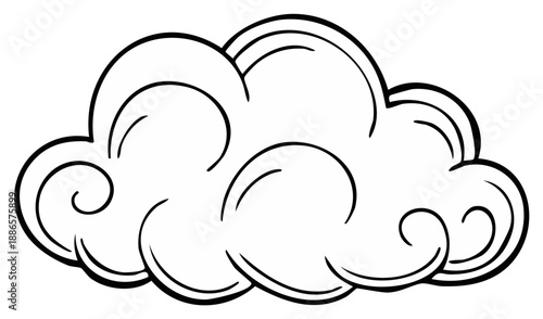 Cartoon cloud illustration, black and white outline, weather element