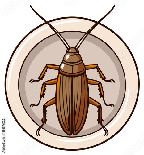 Cartoon cockroach on beige plate depicting pest infestation, disease carrier, vector art