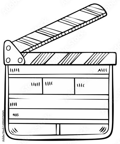 Illustrated film clapperboard icon in black and white, cinema concept design.