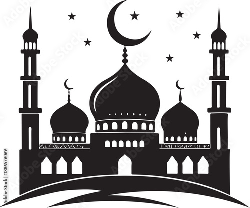 Minimalist black mosque silhouette with crescent moon and stars isolated on white background, Islamic decorative vector illustration.