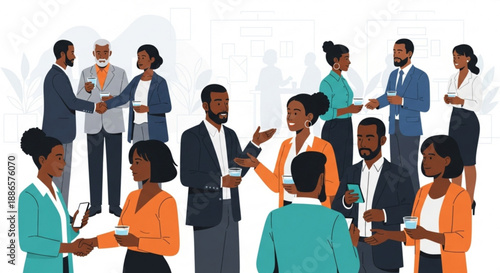 Diverse group of business professionals networking and socializing in a modern setting with vibrant colors