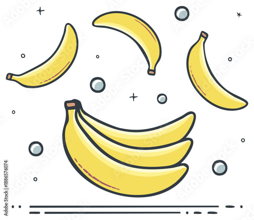 Bright and Cheerful Illustration of Ripe Yellow Bananas in Various Arrangements