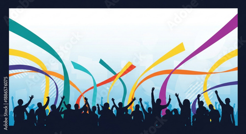 Silhouette of a cheering crowd with colorful ribbons waving in the air at an outdoor celebration