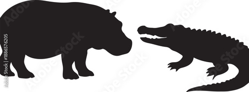 Hippo and Crocodile Silhouette Vector Illustration – African River Wildlife