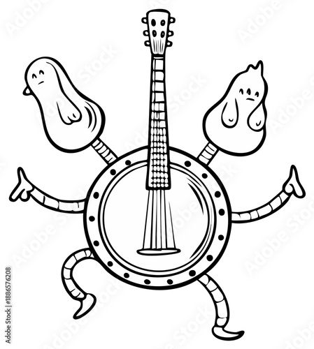 Cartoon Banjo Character with Arms Legs and Bird Companions Dancing with Joy