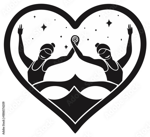 Synchronized Swimmers in Heart Silhouette Performing Under Stars Sport Illustration