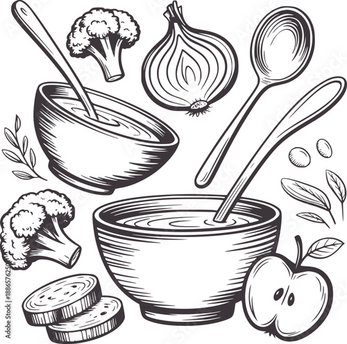 Black and of food and kitchen bowls spoons