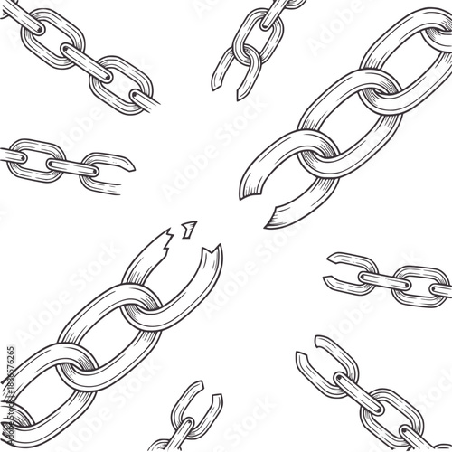 Black and of broken and intact chain links scattered metal