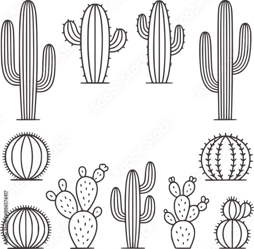 Collection of minimalist line cactus desert plant succulent prickly
