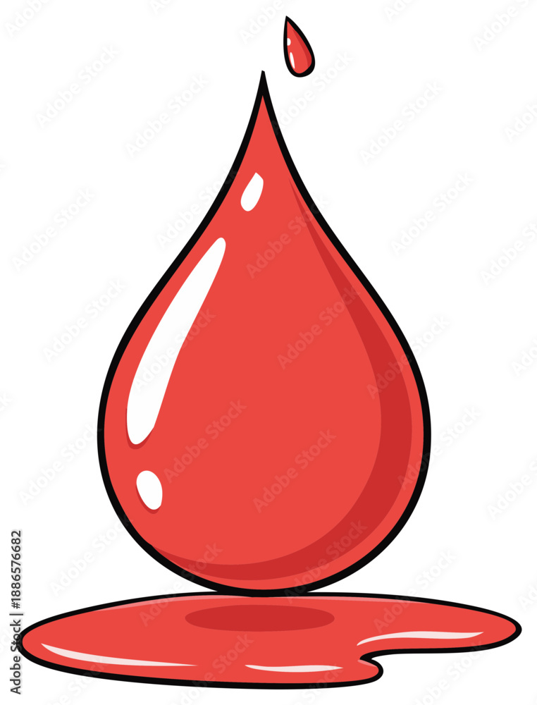 Fototapeta premium Cartoon Red Blood Drop Falling, Isolated Graphic Image of Liquid Splatter