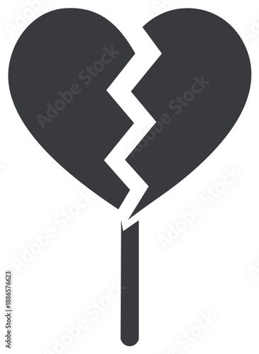 Broken heart shape on a stick symbolizing a broken candy lollipop or a symbol of emotional pain.