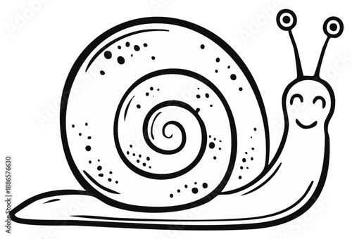 Happy Snail Black and White Line Drawing of a Cheerful Slug with Shell and Antennae