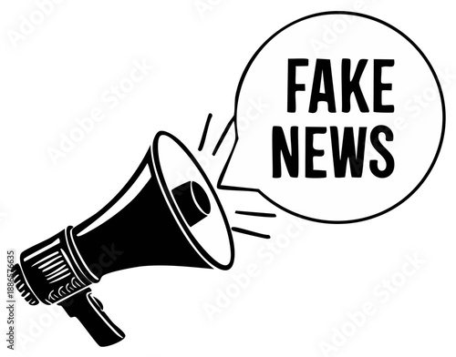 Megaphone Icon with Fake News Speech Bubble in Black and White
