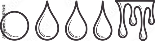 Five minimalist grey line of water drops and liquid drips symbol