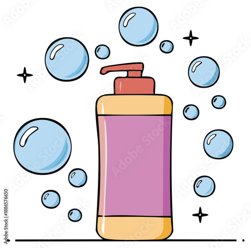 Cartoon liquid soap dispenser with bubbles and cleaning design