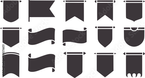 Fourteen black banner shapes with various styles and folds in a row banners