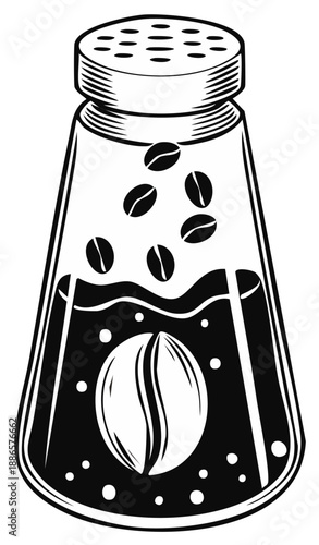 Vector illustration of a glass shaker filled with coffee beans and dark liquid