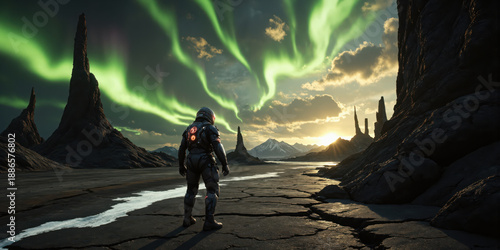 Magnetic Storm on an Alien Planet An apocalyptic extraterrestrial landscape is consumed by a swirling magnetic storm, its sky ablaze