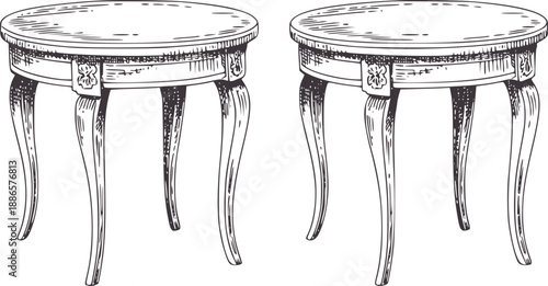 Hand Drawn Pair of Vintage Round Tables with Curved Legs in Black and