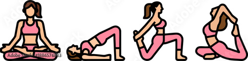 Woman Doing Yoga and Stretching Exercises Vector Set
