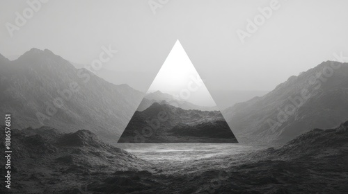Monochromatic vista of rugged mountains framing a calm lake, inside a geometric triangle