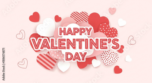 Valentine's day greeting with red and white hearts on pink background for love and romance