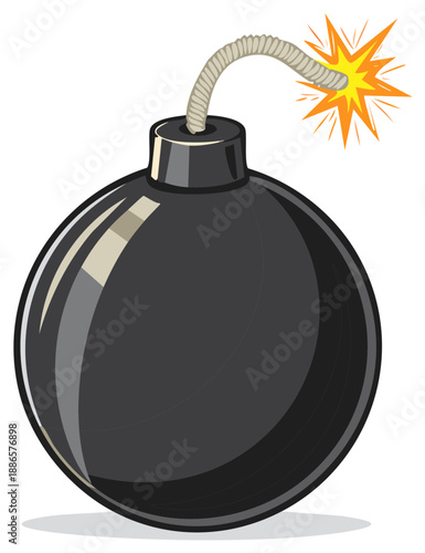 Classic round black bomb with lit fuse and explosive spark
