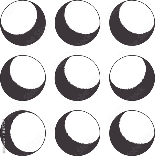 Nine crescent moon phases depicted in minimalist gray circle