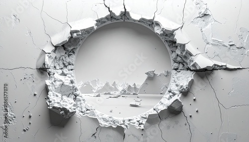 Hole in white wall with debris revealing abstract landscape scene