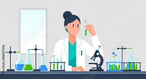 Female scientist in lab coat working with test tubes and microscope in laboratory setting