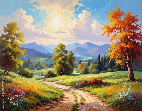 Scenic landscape with a dirt road through rolling hills and autumn trees