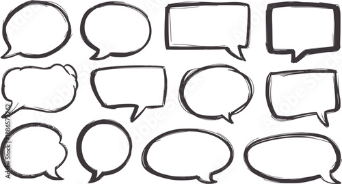 Ten assorted hand drawn black speech bubbles