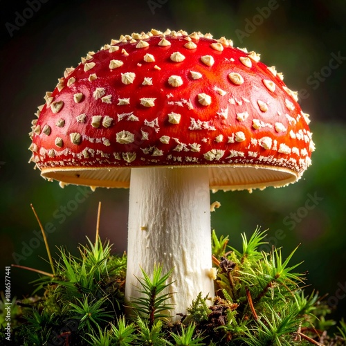 Vibrant red mushroom with white spots growing in green mossy environment