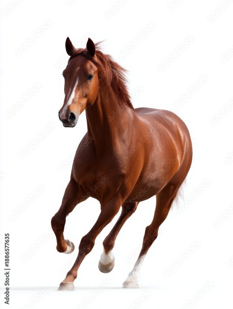 Fototapeta premium A beautiful brown horse galloping gracefully in a bright, white background. This image captures the energy and elegance of this majestic animal in a stunning way.