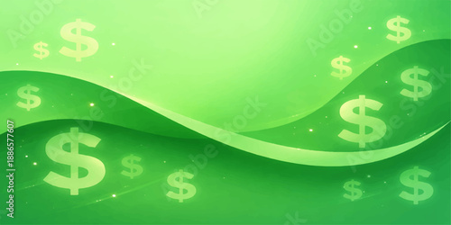 Green vector wallpaper illustration featuring a motion wave pattern of dollar signs over a light nature leaf texture design with artistic curves and a summer color backdrop shape