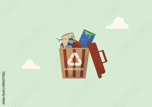 Hazardous Waste Recycling bin. hazardous waste items like paint cans, chemical drums, batteries, and liquids ideal for eco education and waste sorting visuals.  Waste management. Vector illustration