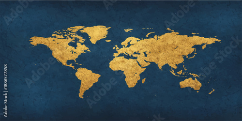 A vintage-style world map illustration featuring an atlas of continents including Europe, Asia, and America on old paper and weathered wood textures for global geography and travel business