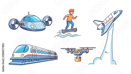 Future Transport: A vibrant illustration showcasing innovative transport concepts. Including an aerial vehicle, futuristic skateboarder, space shuttle, high-speed train.