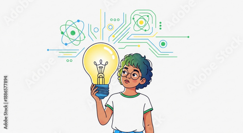 Teenager with green hair holding glowing light bulb and circuit board ideas